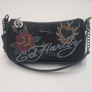 Ed Hardy Shoulder Bag Crossbody Bag Black Denim Rhinestones Logo